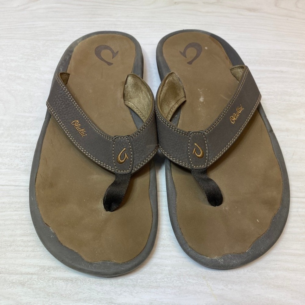 Olukai Mens 12 Ohana Flip Flop Sandals Brown Synthetic Water Resistant Comfort